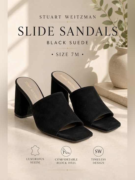 Stuart Weitzman Shoes - Stuart Weitzman Black Suede Block Heel Slide Sandals Size 7M